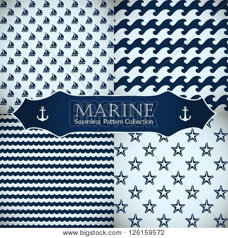 Set of sea and nautical backgrounds in dark blue and white colors. Sea theme. Seamless patterns collection. Vector illustration.