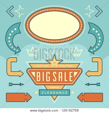 Retro American 1950s Sign Design Elements Set. Billboard Signage Light Bulbs, Frames, Arrows, Icons, Neon Lamps. For advertising, Poster Retro Sign. Vector Illustration.
