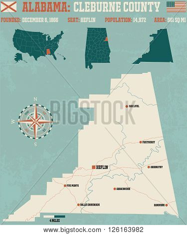Large and detailed map and infos about Cleburne County in Alabama.