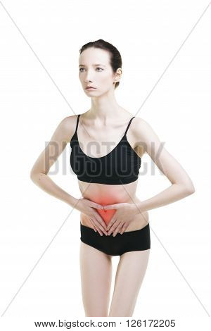 Woman with abdominal pain. Pain in the human body isolated on white background with red dot