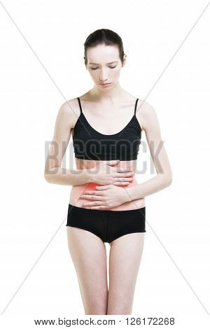 Woman with abdominal pain. Pain in the human body isolated on white background with red dot