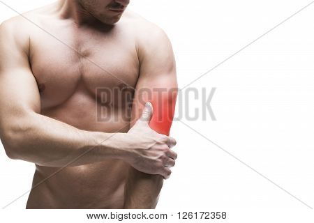 Pain in the elbow. Muscular male body with copy space. Isolated on white background with red dot