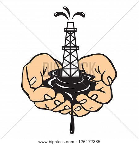 Hands holding an oil rig. Oil production.