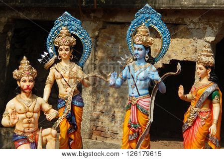HYDERABAD,INDIA-APRIL 15: Idols of Hindu gods Rama ,laxmana, goddess sita on Transport lorry for procession rath yatra on sri rama navami festival on April 15,2016 in Hyderabad,India.