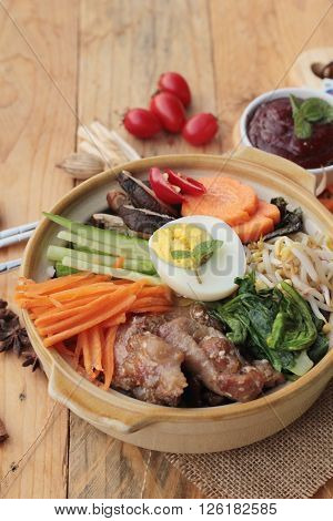 Bibimbap korean food is delicious placed on wood background
** Note: Visible grain at 100%, best at smaller sizes
