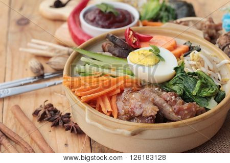 Bibimbap korean food is delicious placed on wood background
** Note: Visible grain at 100%, best at smaller sizes