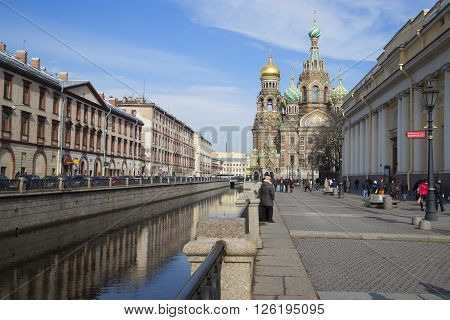ST. PETERSBURG, RUSSIA - MARCH 24, 2014: View of the Cathedral of Resurrection (Savior on blood), sunny march afternoon. Historical landmark of the city St. Petersburg