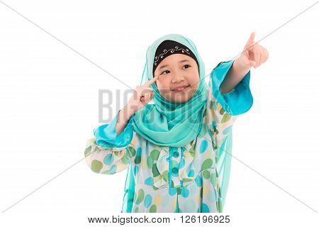 Close up of cute muslim girl on white background isolated.