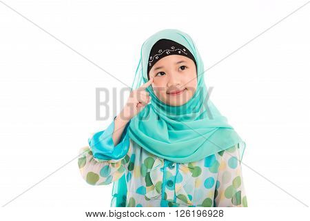 Close up of cute muslim girl on white background isolated.