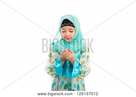 Close up of cute muslim girl on white background isolated.