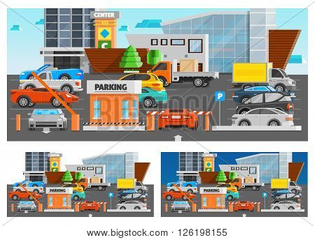 Shopping mall parking orthogonal compositions set with car and trucks flat isolated vector illustration