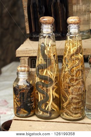 Bottles with traditional laotian alcohol with snakes and scorpions, Xang Hai village, Luang Prabang province, Laos