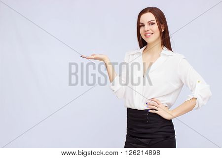 Portrait of business woman with open hand