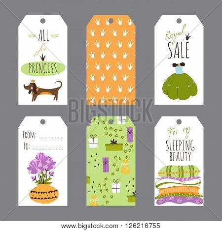 Vector Princess Party set of tag templates. Cute collection for birthday, greeting cards, brochures, tags and labels, invitations, souvenirs and gifts decoration, sales design,  scrapbooking etc.