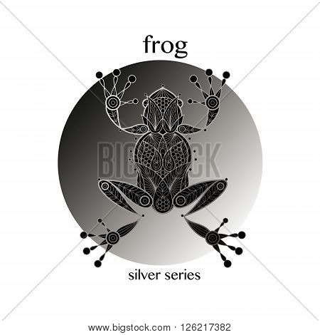 Frog. Vector frog icon in a circle. Concept image of decorative animal. The modern trend - linear design. Illustration - frog logo sign symbol object of nature. Series - black white and silver.