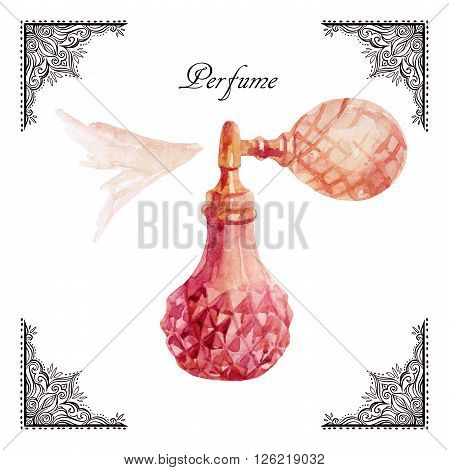 Perfume watercolor illustration. Watercolor classical bottle of perfume with pump (atomizer). Label with perfume. Hand painted perfume in victorian style.