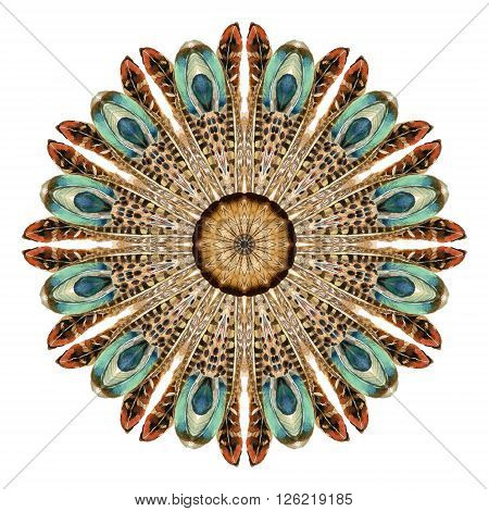 Watercolor abstract mandala. Hand painted pattern with feathers in natural colors. Ornate lace pattern for boho or tribal design. Lace with different birds feathers isolated on white background.