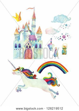 Watercolor fairy tale collection with unicorn rainbow castle magic gemstones and fairy clouds isolated on white background. Hand painted elements for kids children design