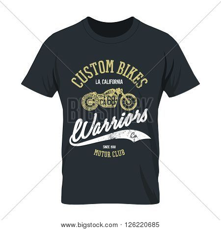 Vintage american motorcycle old grunge effect tee print vector design. 
Premium quality superior bike retro logo concept. Motor club shabby t-shirt emblem.