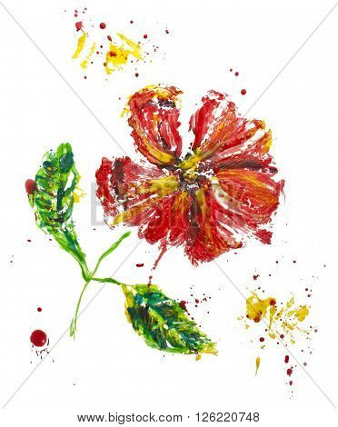 A wax drawing of a red poppy with green leaves and colorful splashes on white background
