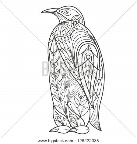 Vector illustration decorative penguin on white background. Fashion trend of adult coloration. Bird penguin vector with elements oriental motif Turkish cucumber. Black and white. Modern vector design.