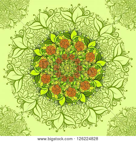 Intricate vector flower pattern. Elaborate floral background from flower mandala elements for your design. Vector floral seamless pattern in hippie boho style. Vector lines background. Round ornaments