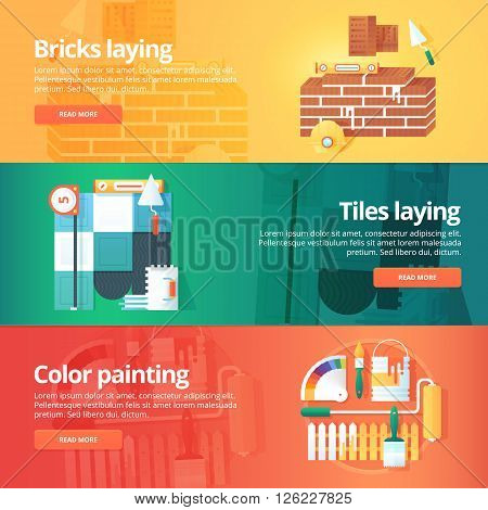 Construction and building banners set. Flat illustrations on the theme of brick and tiles laying work, decorative color painting. Vector design concept.