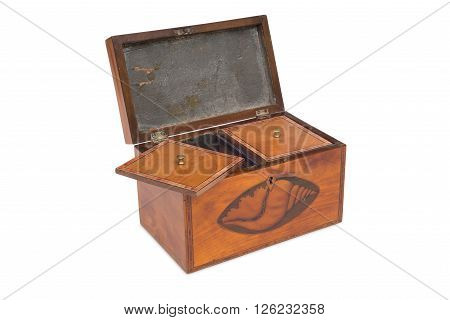 An Opened Vintage Wooden Tea Twin Caddy And Compartments