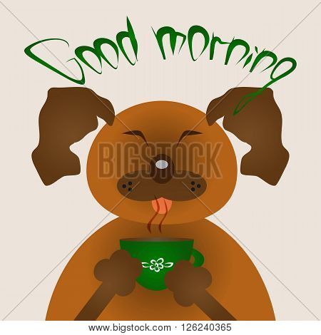 Funny eared brown dog with a green cup and a green inscription Morning.