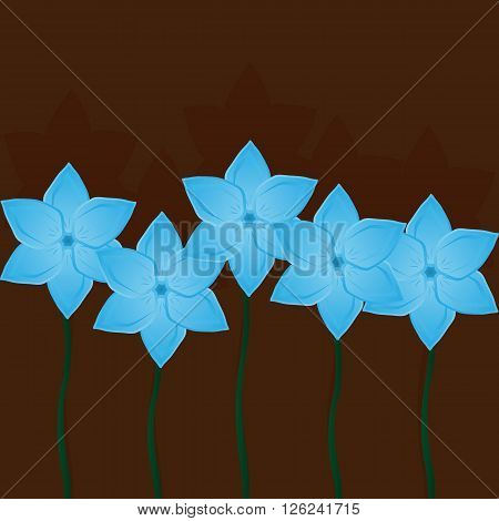 Simple square floral background. Blue flowers without leaves on brown.
