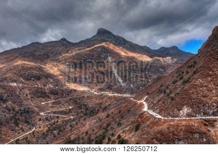 Beautiful famous curvy roads on Old Silk Route Silk trading route between China and India Sikkim