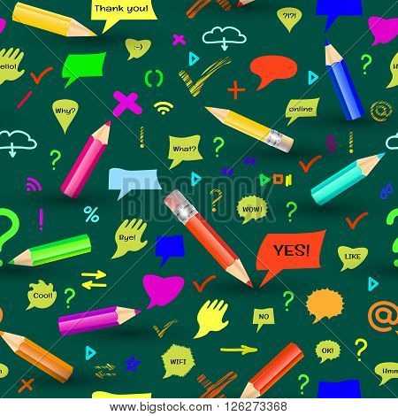 Seamless pattern with pencis, sings and speech bubbles on green background.