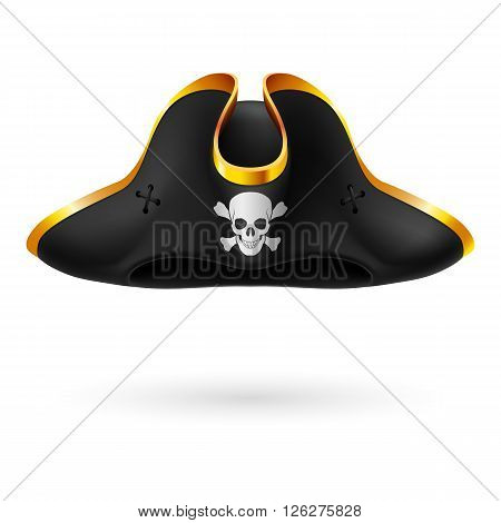 Black cocked hat with pirate symbol of skull and crossed bones