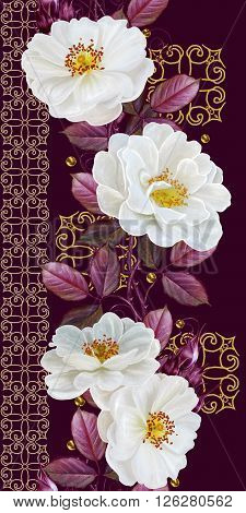 Vertical floral border. Pattern seamless. Old style gold border gold mosaic. Flower garland of roses and red leaves.