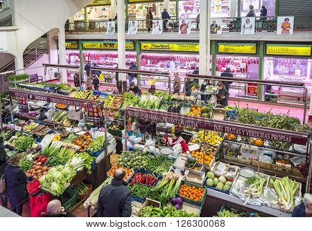 Logroño Spain - April 9 2016. People shopping vegetables in San Blas Market (Mercado de Abastos). San Blas is the main fresh-produce market in downtown of Logroño La Rioja. Spain.
