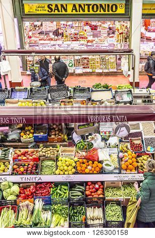 Logroño Spain - April 9 2016. People shopping vegetables in San Blas Market (Mercado de Abastos). San Blas is the main fresh-produce market in downtown of Logroño La Rioja. Spain.