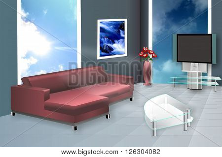 Interior living room, sofa and large windows in Corel Draw