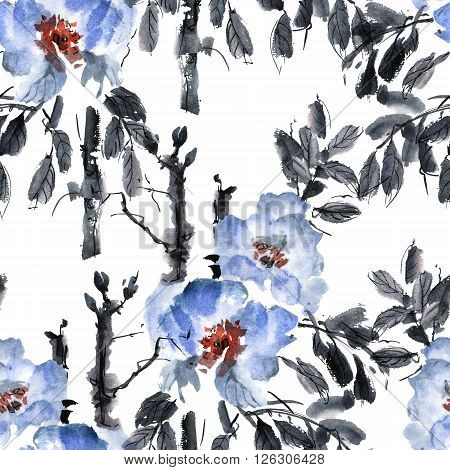 Watercolor and ink illustration of blossom flowers. Gohua sumi-e u-sin painting. Seamless pattern.
