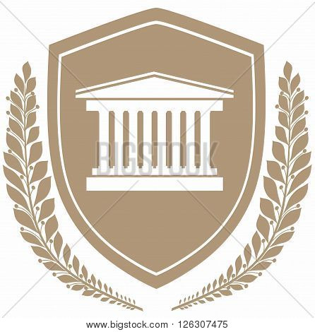 icon courthouse on shield .protection concept . beige light Colour