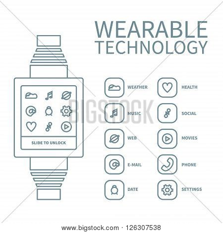 Vector illustration of wearable technology: smart watch and set of 12 icon for various applications. Linear design on isolated background. Concept for modern gadget and devices, internet of things.
