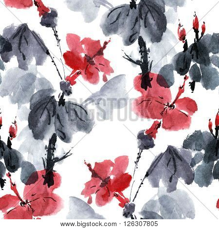 Watercolor and ink illustration of blossom flowers. Gohua sumi-e u-sin painting. Seamless pattern.