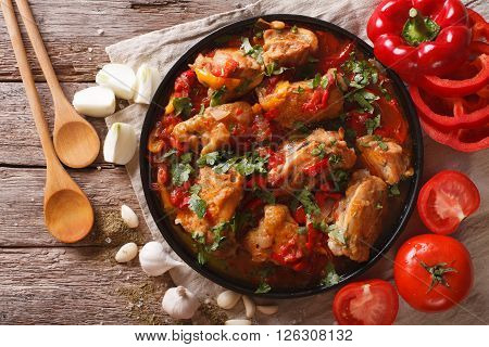 Chicken Stew With Vegetables On A Table Close-up. Horizontal Top View