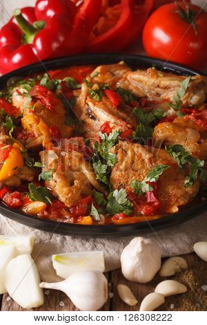 Tasty Chicken Stew With Vegetables And Ingredients Close-up. Vertical