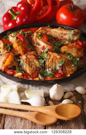 Georgian Cuisine: Chicken Stew With Vegetables Close-up. Vertical