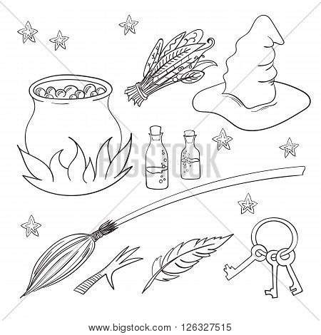 Contour set magician's objects, different elements, vector illustration