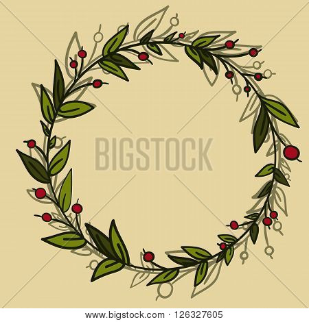 Leaf and berry round frame vector illustration