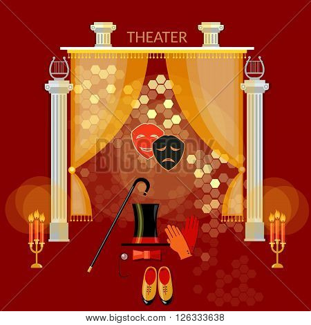 Theater performance vintage comedy and tragedy masks theater stage curtain
