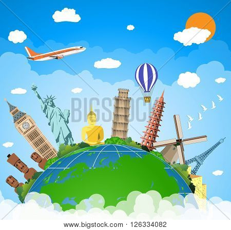 famous monuments of the world. Trip to World. Travel to World. Vacation. Road trip. Tourism. Travel banner. Travel and adventure template, travel time. vector illustration in flat design
