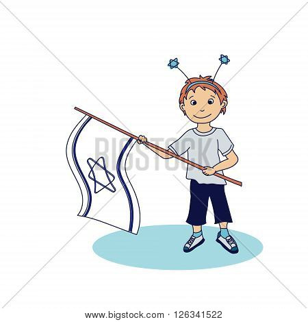 Boy holding the israeli flags. Vector illustration