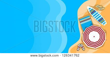 Summer Beach Vacation Sunbed With Umbrella Sand Tropical Banner Copy Space Top Angle View Flat Vector Illustration